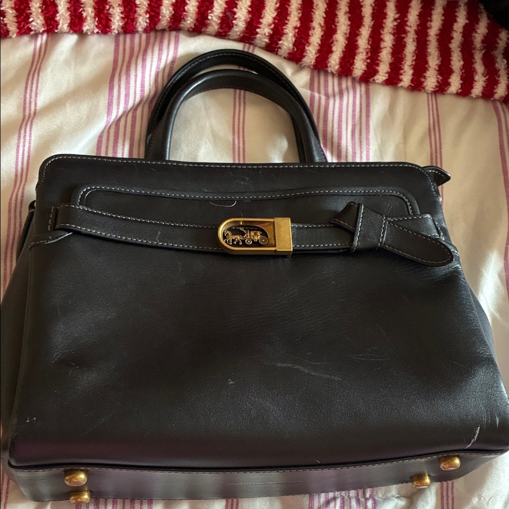 Coach Tate 38Black Leather Handbag with Gold Accents